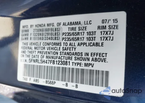 2015 Honda Odyssey Ex z USA, uszkodzony, nr VIN 5FNRL5H47FB123081
